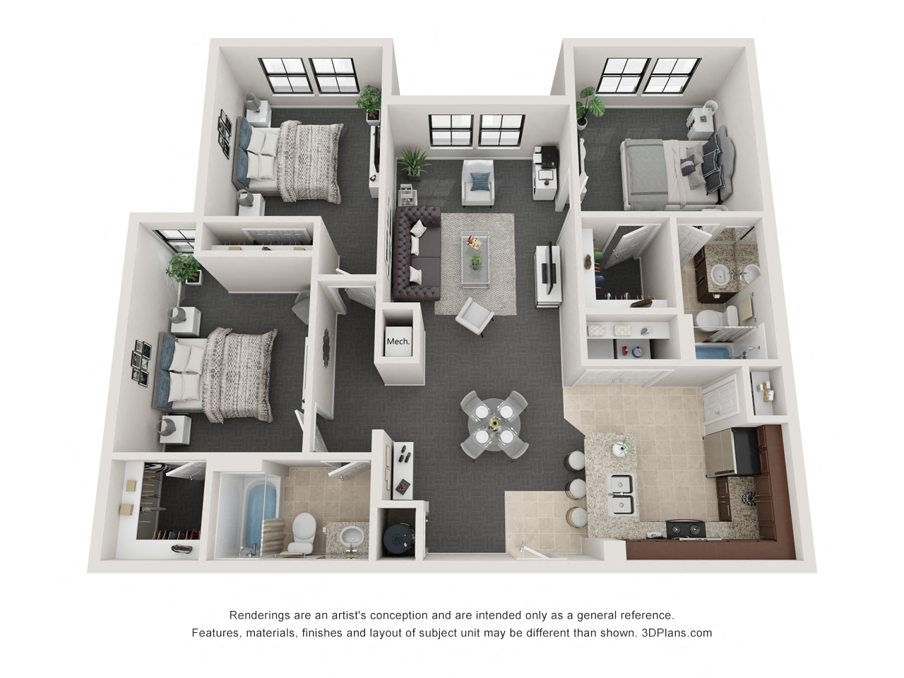 Floor plan for 3 beds, 2 baths, 1321 sqft